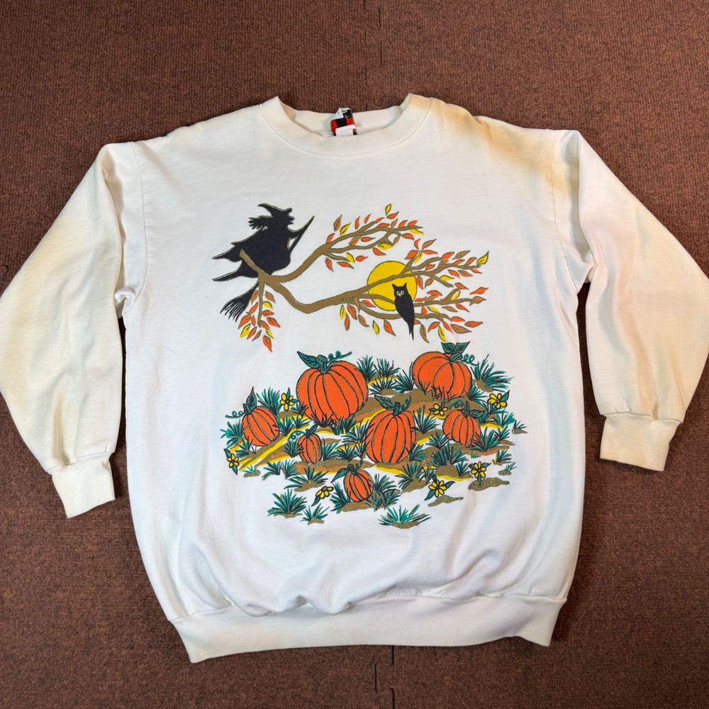 Vintage New Now Halloween Sweatshirt White Witch Pumpkin Owl Graphic 90s USA XL